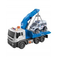 Camion de tractare cu platforma, sunete, lumini si vehicul salvare, scara 1:16, alb/albastru