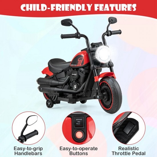 Motocicleta electrica pentru copii cu pedala, muzica si far cu lumina - Rosu