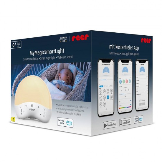 Lampa de veghe inteligenta cu 25 de sunete, multicolora, comunicare prin Wi-Fi cu smartphone, temporizator, Reer MyMagic SmartLight 52470
