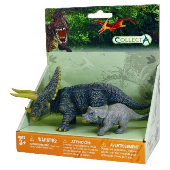 Set 2 figurine pictate manual Triceratops cu pui