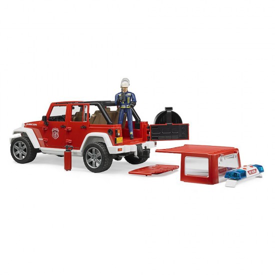 Jeep Wrangler Unlimited Rubicon de pompieri cu figurina Bruder