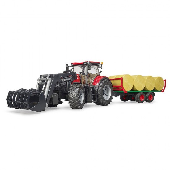 Tractor Case IH Optum 300 CVX cu incarcator frontal si remorca transport cu 8 baloti Bruder