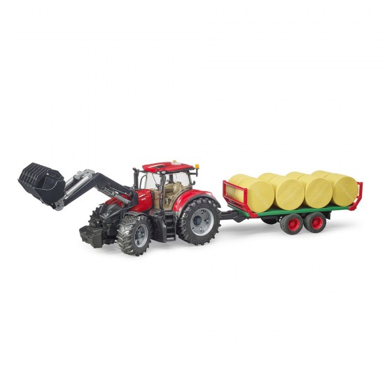 Tractor Case IH Optum 300 CVX cu incarcator frontal si remorca transport cu 8 baloti Bruder