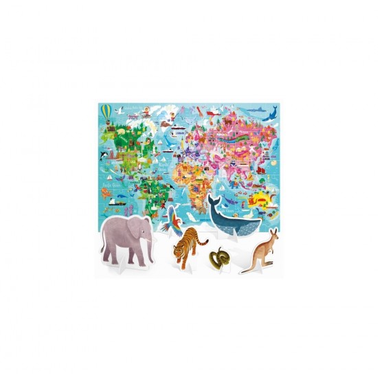Puzzle Headu - Turul lumii 108 piese cu animale 3D