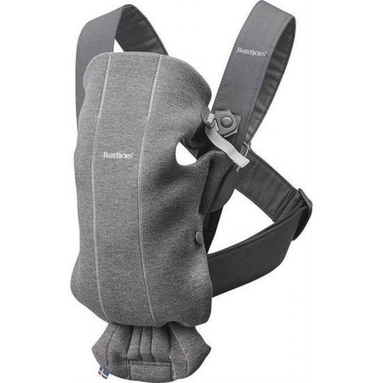 Marsupiu anatomic BabyBjorn Mini cu pozitii multiple de purtare Dark Grey 3D Jersey