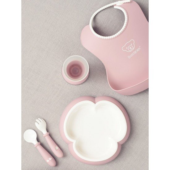 Set hranire pentru bebe BabyBjorn - Farfurie, lingurita, furculita, pahar si bavetica Powder Pink