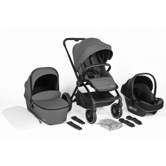 Carucior 3 in 1 BabyGo Harmony Grey cu maner reglabil pe inaltime, cadru Black