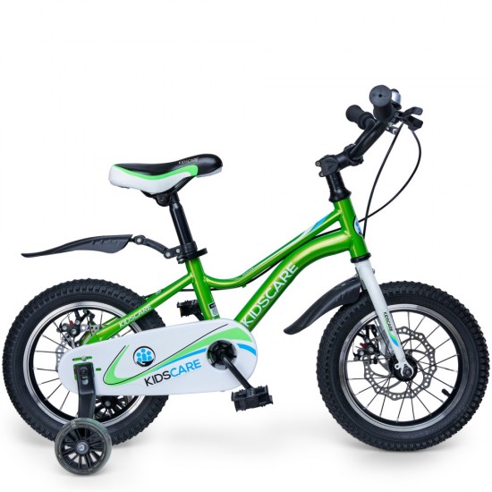 Bicicleta pentru copii 5-8 ani HappyCycles KidsCare, roti 16 inch, cu roti ajutatoare si frane pe disc, verde