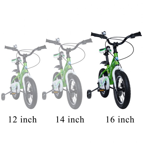 Bicicleta pentru copii 5-8 ani HappyCycles KidsCare, roti 16 inch, cu roti ajutatoare si frane pe disc, verde