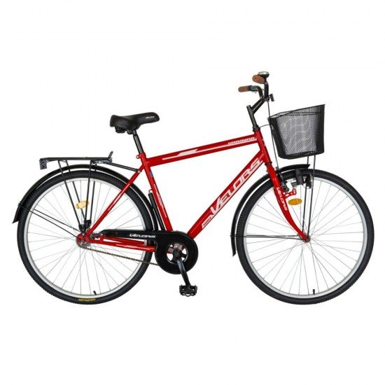 Bicicleta City 28 Inch cu frane mecanice V-Brake Velors CSV28/93A, cadru rosu cu design alb Bicicleta City 28 Inch cu frane mecanice V-Brake Velors CSV28/93A, cadru rosu cu design alb