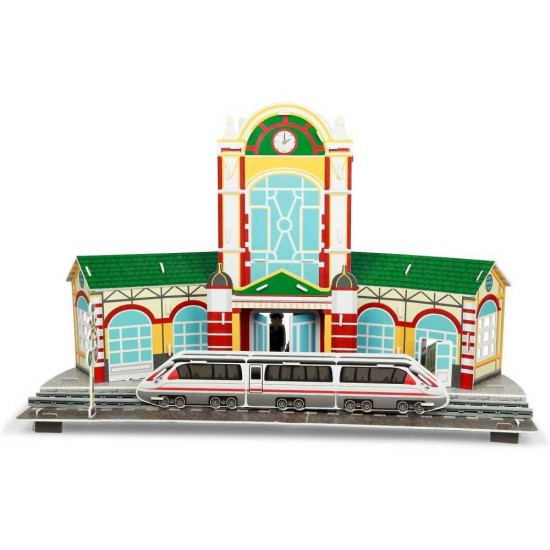 Set constructie puzzle 3D Gara tren Fiesta Crafts 63 piese