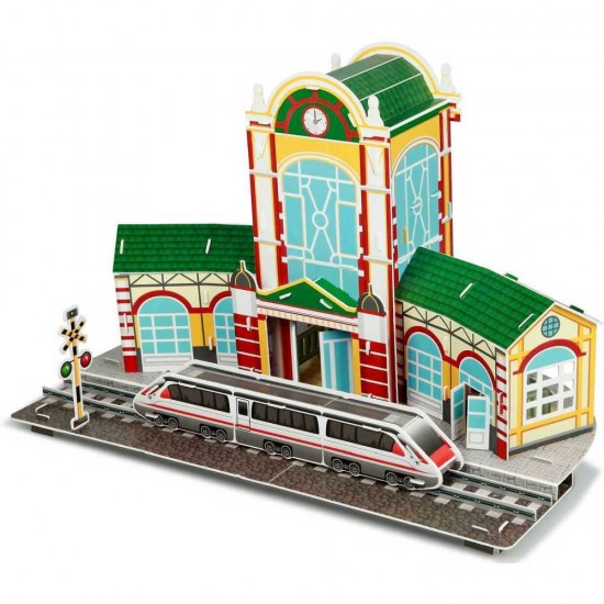 Set constructie puzzle 3D Gara tren Fiesta Crafts 63 piese