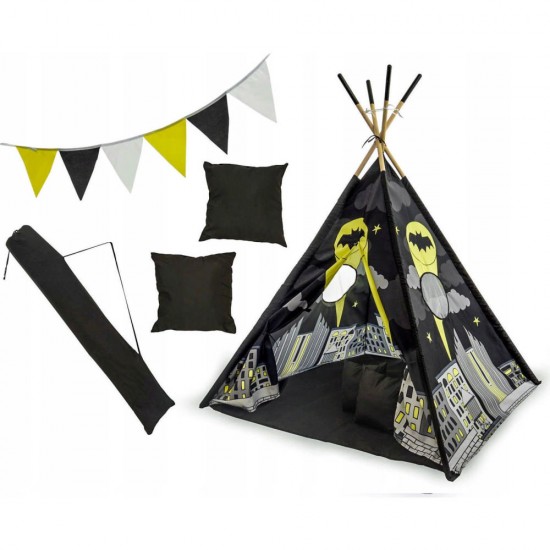 Set cort copii XXL Teepee, Cort, Covoras, 2 Perne, Ghirlanda si Geanta depozitare Tutumi Batman TT34255