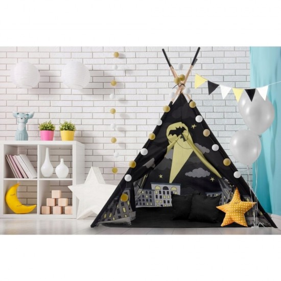 Set cort copii XXL Teepee, Cort, Covoras, 2 Perne, Ghirlanda si Geanta depozitare Tutumi Batman TT34255