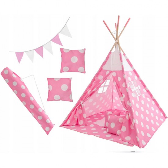 Set cort copii XXL Teepee, Cort, Covoras, 2 Perne, Ghirlanda si Geanta depozitare Tutumi TT34255