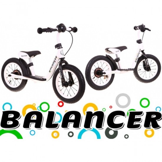 Bicicleta fara pedale cu frana, suport picioare, roti gonflabile, Balancer SporTrike - Alb