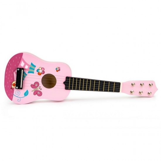 Chitara din lemn pentru copii cu corzi metalice Ecotoys Pink