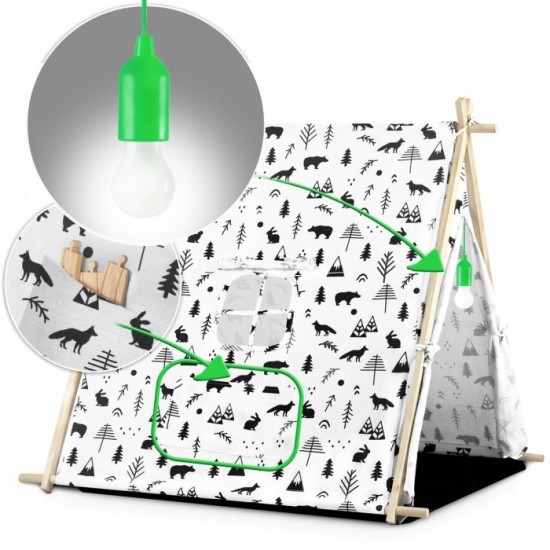 Cort de joaca pentru copii cu 2 pernite si lampa tip bec suspendat Ricokids 107 x 116 x 110 cm - Alb