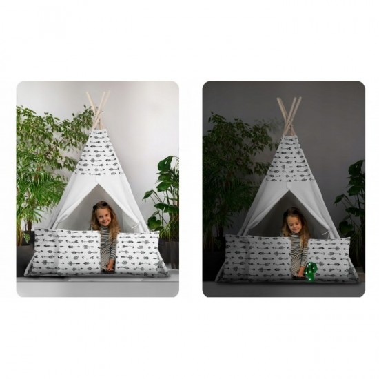 Cort de joaca pentru copii cu ghirlanda, 3 pernite si lampa LED cactus Ricokids 120 x 120 x 165 cm - Alb