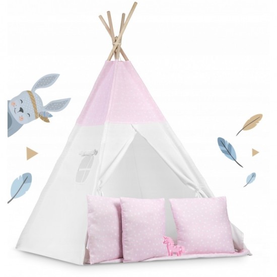 Cort de joaca pentru copii cu ghirlanda, 3 pernite si lampa LED unicorn Ricokids 120 x 120 x 165 cm - Roz