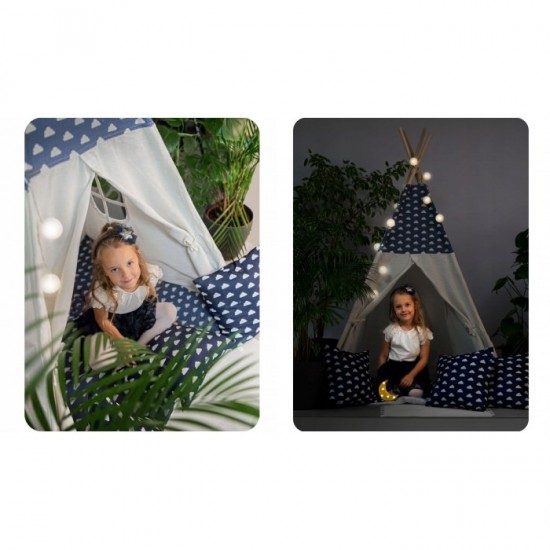 Cort de joaca pentru copii cu ghirlanda, 3 pernite si lampa LED luna Ricokids 120 x120 x 165 cm - Bleumarin