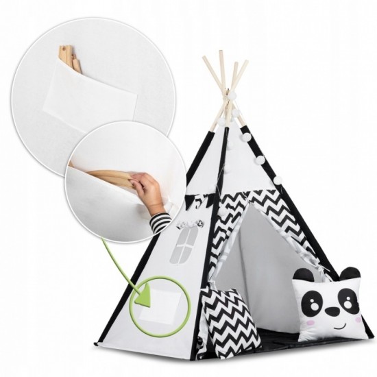 Cort de joaca pentru copii cu ghirlanda,lumini si 2 pernite Ricokids 120 x 120 x 165 cm - Panda