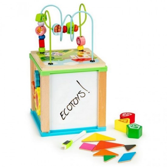 Cub educational din lemn cu tabla Ecotoys HM015470