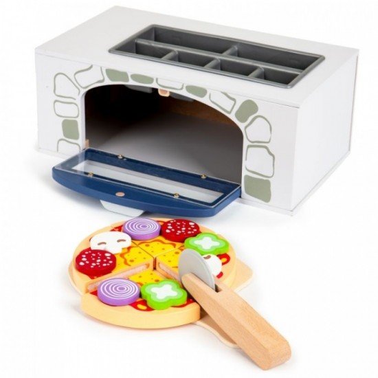 Cuptor pentru pizza din lemn cu accesorii pentru bucatarie si alimente Ecotoys