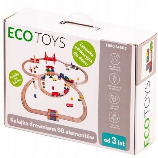 Joc circuit din lemn cu trenulet si masinute 90 piese Ecotoys