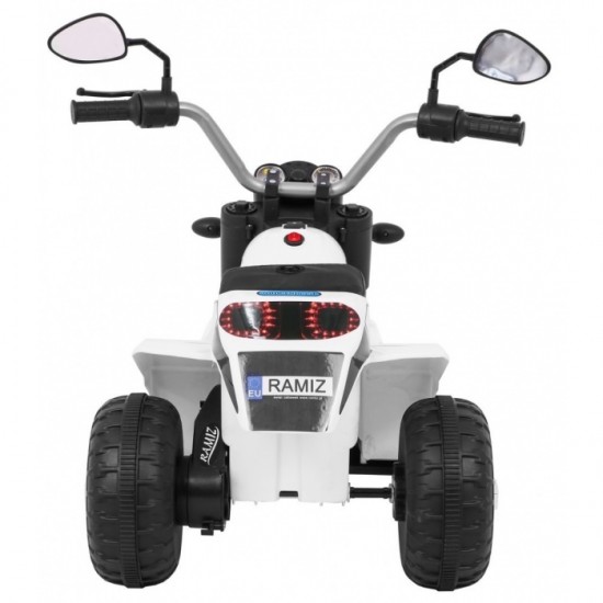 Motocicleta electrica MiniBike, roti din plastic, scaun tapitat, 71x53x57 cm, putere 6V - Alb