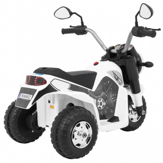 Motocicleta electrica MiniBike, roti din plastic, scaun tapitat, 71x53x57 cm, putere 6V - Alb