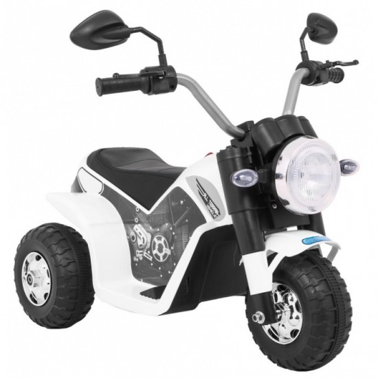 Motocicleta electrica MiniBike, roti din plastic, scaun tapitat, 71x53x57 cm, putere 6V - Alb