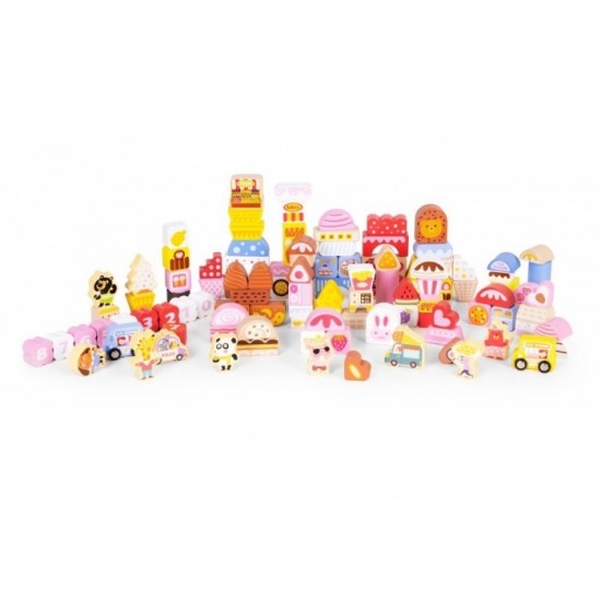 Set educational cu blocuri din lemn, 116 piese, Candy City Ecotoys ME433