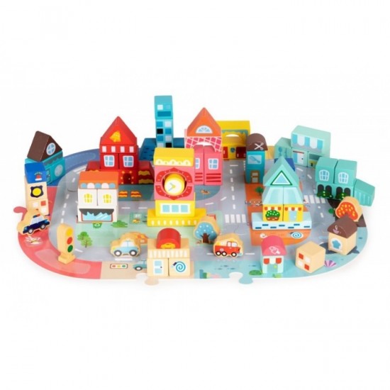 Set educational cu blocuri din lemn si covoras tip puzzle, 88 piese, City Ecotoys MA705