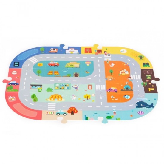 Set educational cu blocuri din lemn si covoras tip puzzle, 88 piese, City Ecotoys MA705