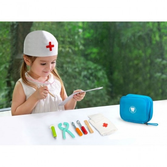 Jucarie trusa medicala cu 7 elemente din lemn Ecotoys Little Dentist