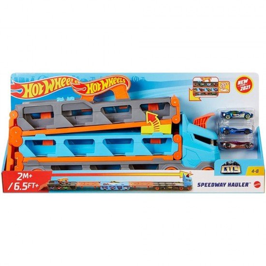 Camion si pista de masinute Hot Wheels Speedway Hauler cu trailer si 3 masinute