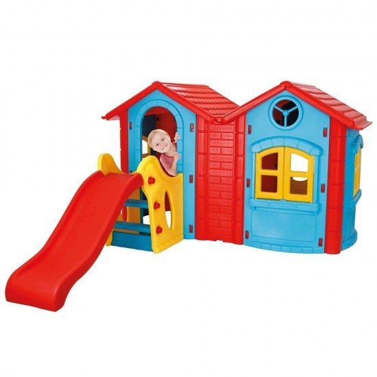 Casuta cu tobogan pentru copii Pilsan Double Happy House Blue