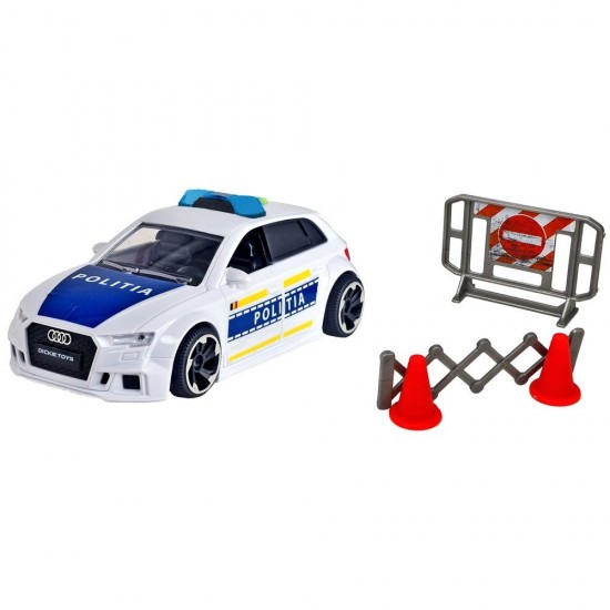 Masina de politie Dickie Toys Audi RS3 1:32 15 cm cu lumini, sunete si accesorii