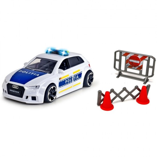 Masina de politie Dickie Toys Audi RS3 1:32 15 cm cu lumini, sunete si accesorii