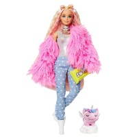 Papusa Barbie Extra Style Fluffy Pinky GRN28 cu figurina si accesorii
