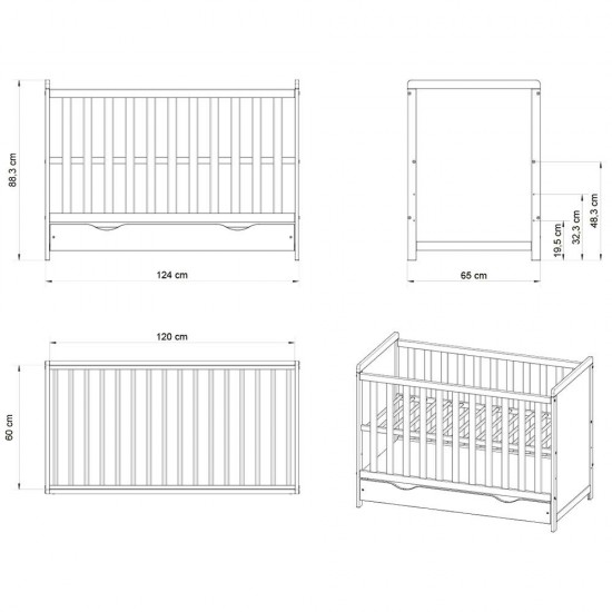 Patut copii din lemn Hubners Paula 120x60 alb cu sertar