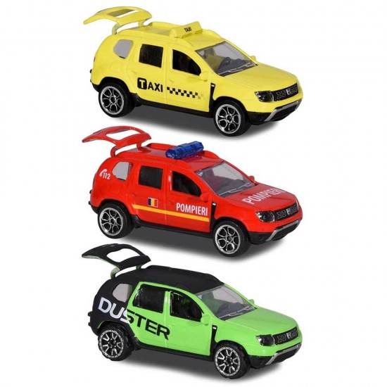 Set Majorette Dacia Duster masina taxi, masina de pompieri si masina negru cu verde