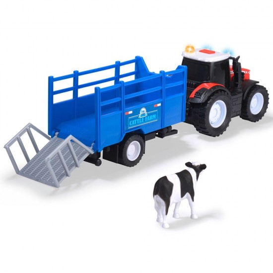 Tractor Dickie Toys Massey Ferguson Animal Trailer 26 cm cu lumini, sunete, remorca si figurina vaca