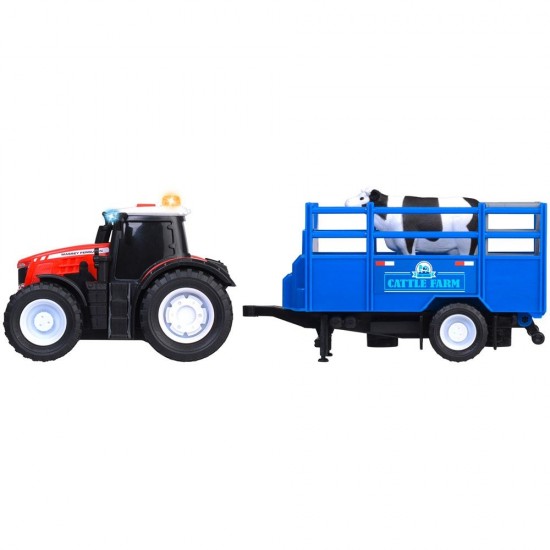 Tractor Dickie Toys Massey Ferguson Animal Trailer 26 cm cu lumini, sunete, remorca si figurina vaca