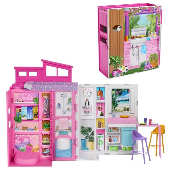 Casa de papusi Barbie pliabila cu 4 zone si accesorii