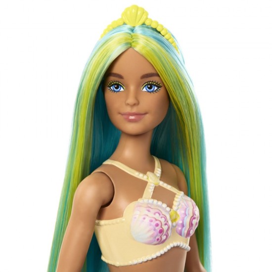 Papusa sirena cu corest galben si coada portocalie Barbie Dreamtropia 