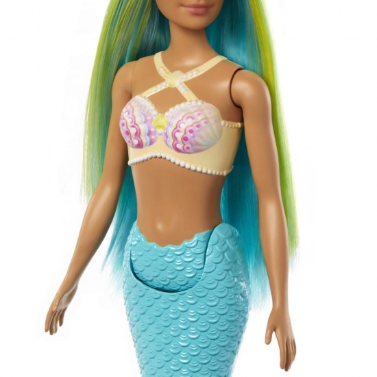 Papusa sirena cu corest galben si coada portocalie Barbie Dreamtropia 