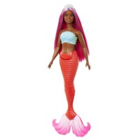 Papusa sirena cu par magenta si coada portocalie Barbie Dreamtropia 