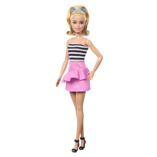 Papusa Barbie Fashionistas blonda cu fustita roz